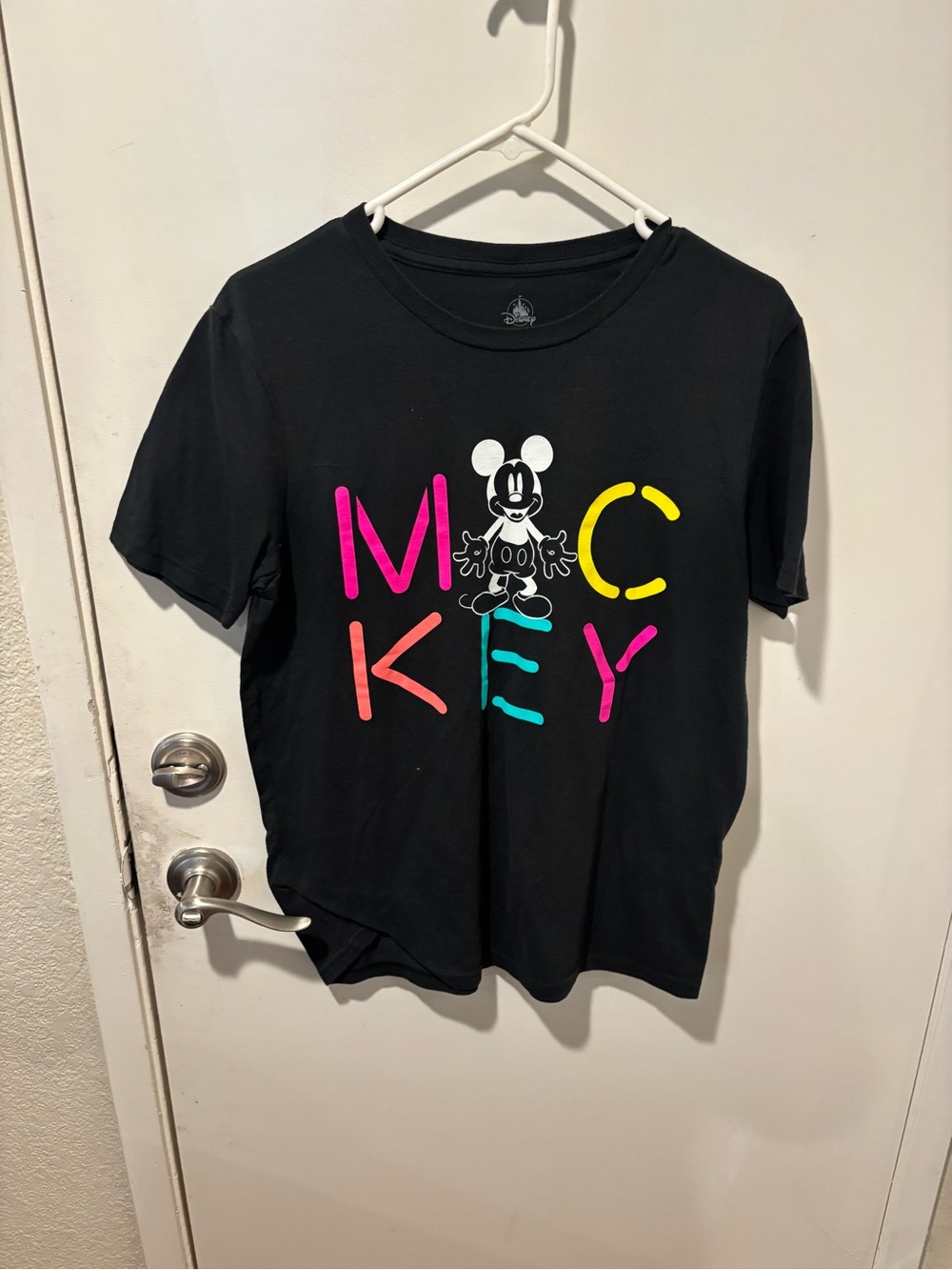 Disney Black Tee with Neon Mickey Lettering